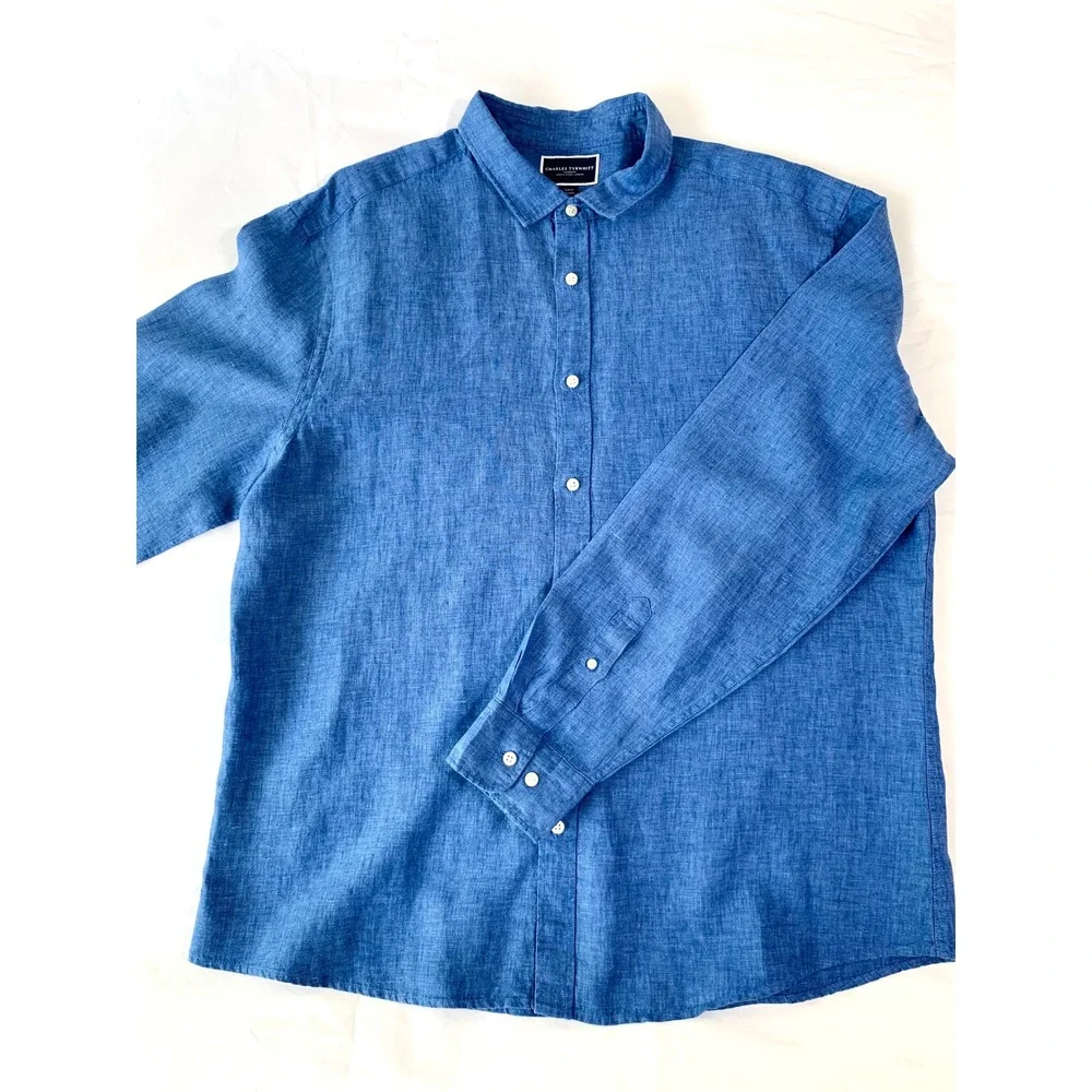 Charles Tyrwhitt Mens Pure Linen Slim Fit Shirt Cornflower Blue XXL $139 - Picture 10 of 16